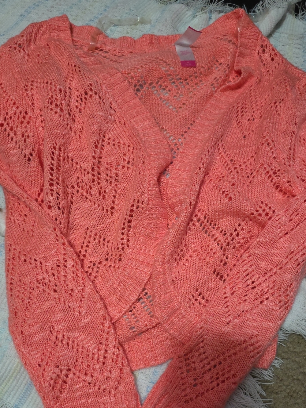 No Boundaries Coral Open-Weave Knit Cardigan, Size M